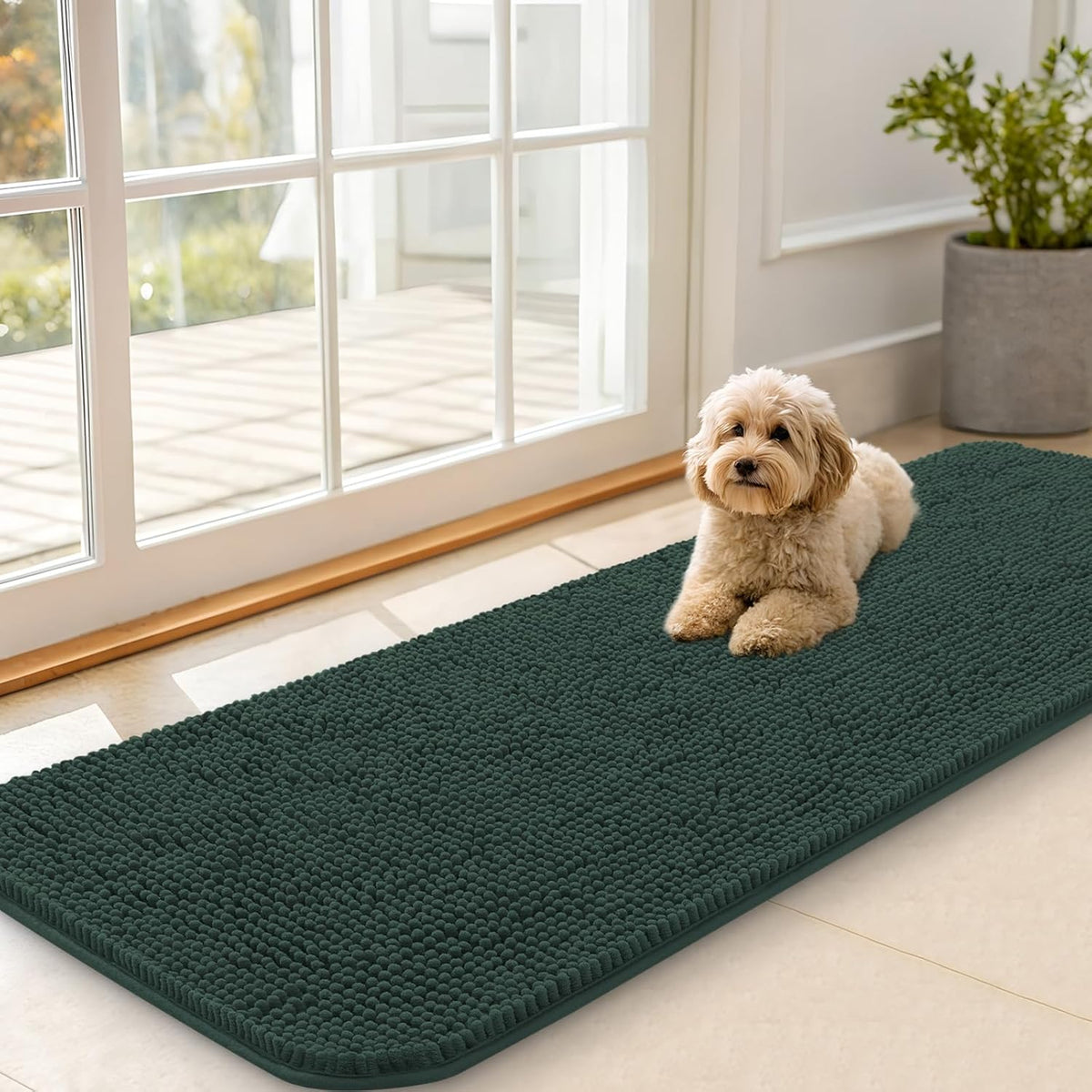 OLANLY Dog Door Mat for Muddy Paws 59x20, Absorbs Moisture and Dirt, Absorbent Non-Slip Washable Doormat, Quick Dry Chenille Mud Mat, Entry Indoor Entryway Carpet for Inside Floor, Blackish Green