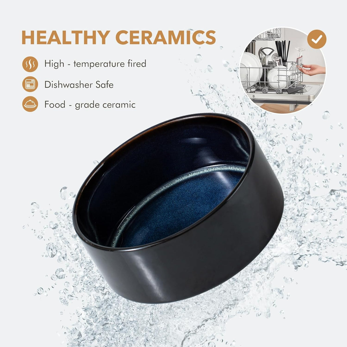 Ceramic 7.3inch Raised Double Dog Bowls Set with Acacia Wood Stand, Food & Water Bowls for Medium Breed Dogs, Weighted Pet Dishes(41oz, Starry Sky)
