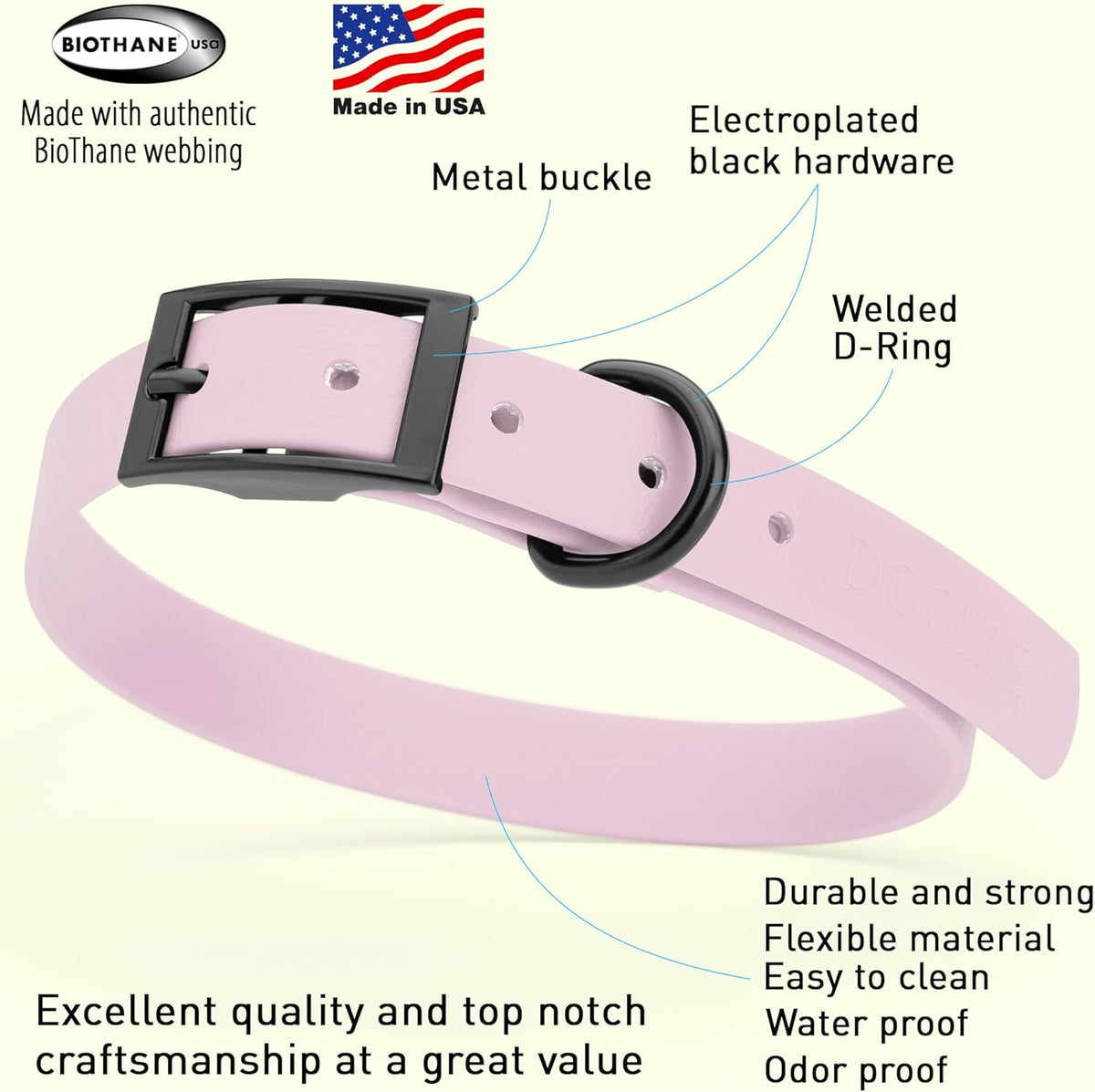 Dogline Biothane Waterproof Dog Collar Strong Coated Nylon Webbing with Black Hardware Odor- Proof for Easy Care Easy to Clean High Performance Fits Small Medium or Large Dogs, Pastel Purple