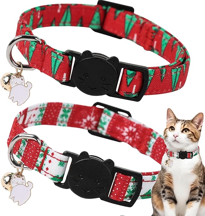 Unique style paws 2 Pack Christmas Kitten Collar Breakaway with Bell & Pendant, Adjustable Safety Cat Cotton Collars for Girl Boy Cats and Small Pets