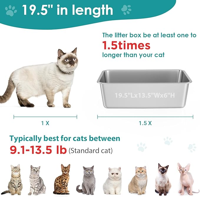 IKITCHEN Stainless Steel Cat Litter Box, Large Metal Litter Box for Cats, Never Absorbs Odors,Stain Free, Rustproof, Non Stick Smooth Surface, Anti-Slip Rubber Bottom, 19.5" L x 13.5" W x 6" H
