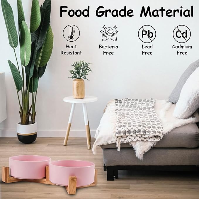 Petygooing Ceramic Cat Dog Bowl Set with Stand,Pink Pet Food and Water Dish,Small Dog Bowls Anti Slip Set of 2 Cat Bowls Pet Food Dishes Pet Bowl Small Size Pet (13.5OZ/5.1 in)