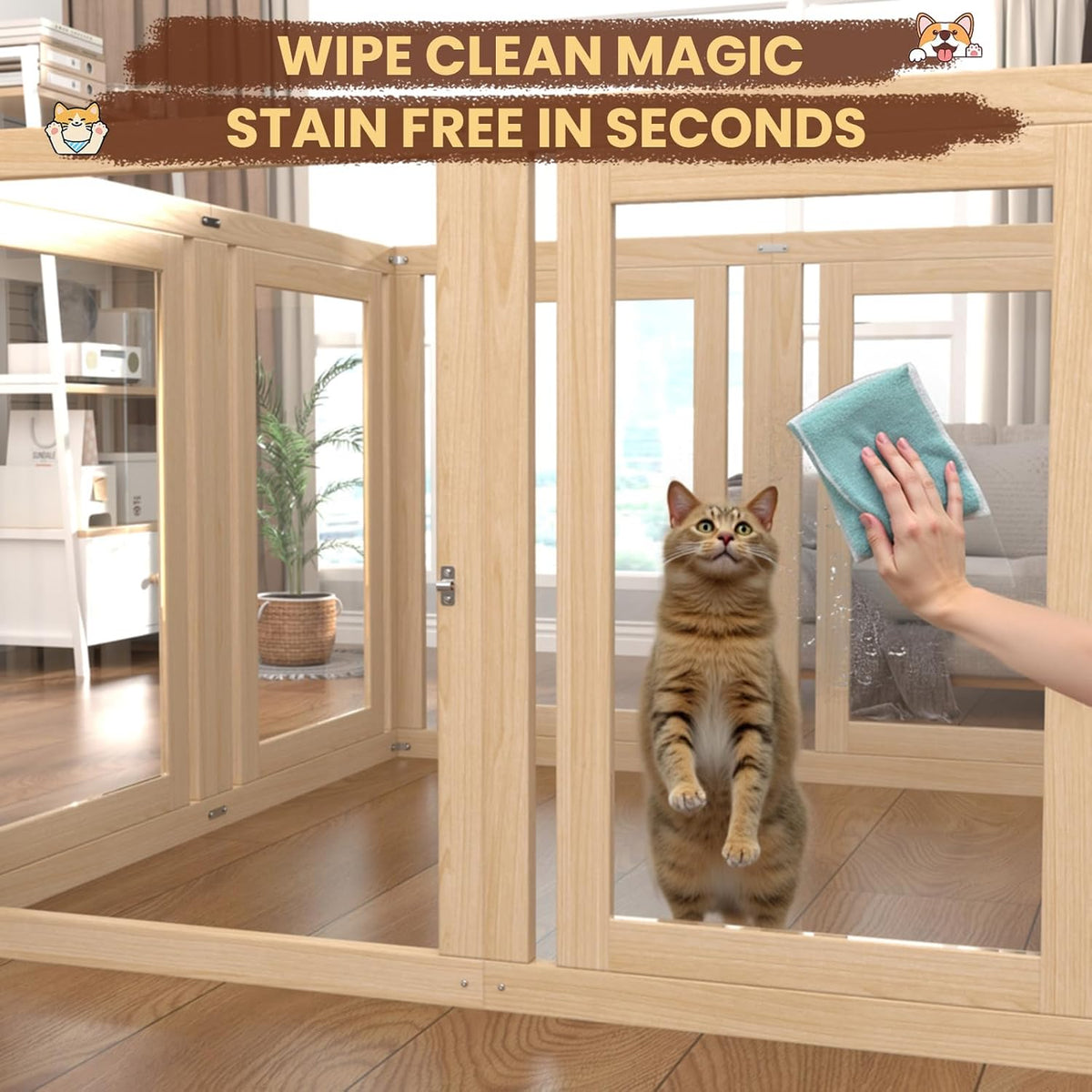 10 Panels Dog Playpen with Door, 23.6" H Pet Playpen Indoor, Clear Acrylic Puppy Playpens, Wooden Puppy Fence with Gate, Transparent Dog Pens, Pet Pen Indoor for Dogs, Cats, Rabbit (Wood)