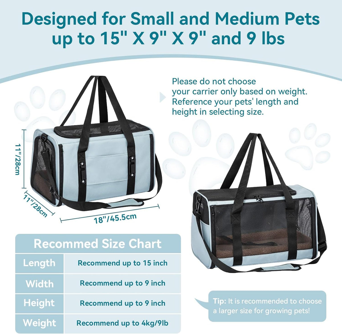 PETSFIT Soft-Sided Cat Carriers & Car Seats with Patent Safe Buckles, Clip-On Harness，18"x11"x11" Airline Approved Pet Carrier - 9 lbs Capacity (Cyan Blue)