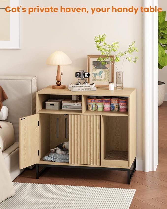 Cat Litter Box Enclosure, Large Hidden Pet Storage Cabinet Furniture with Waveform Fluted Doors & Scratching Pad, Modern Wooden Cat House Indoor for Washroom, Living Room, Bedroom, Natural