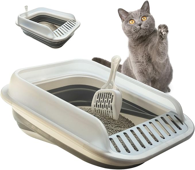 Open Cat Litter Box with High Side, Anti-Splashing Kitty Litter Pan Collapsible Travel Litter Potty Pan Scoop Leak-Proof Pedal Cat Toilet No Smell Easy Clean (M Gray High Side)