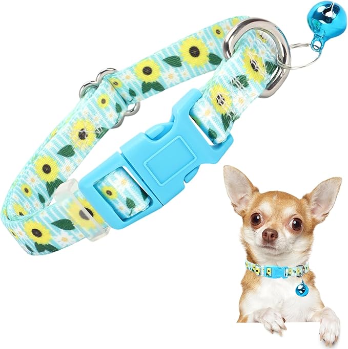 Small Dog Collar with Bell for Small Dogs, Adjustable Sunflower Print Collar for Chihuahua Pomeranian, Soft Comfort Tiny Dog Collar S