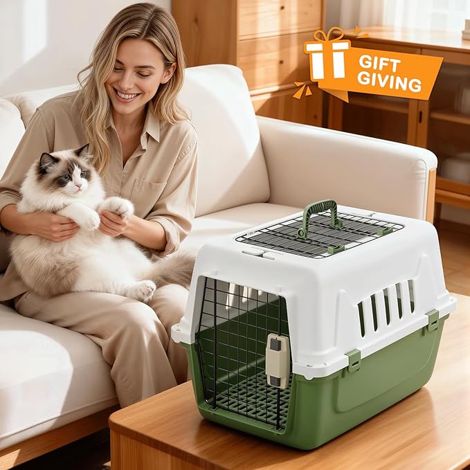 MoNiBloom 22-Inch Dog Crate Plastic 2-Door Top Loading Cat Carrier, Hard-Sided Dog Travel Carrier for Small Dogs and Cats, Ventilation and Security Lock Design for Pets up to 22 lbs (Green)