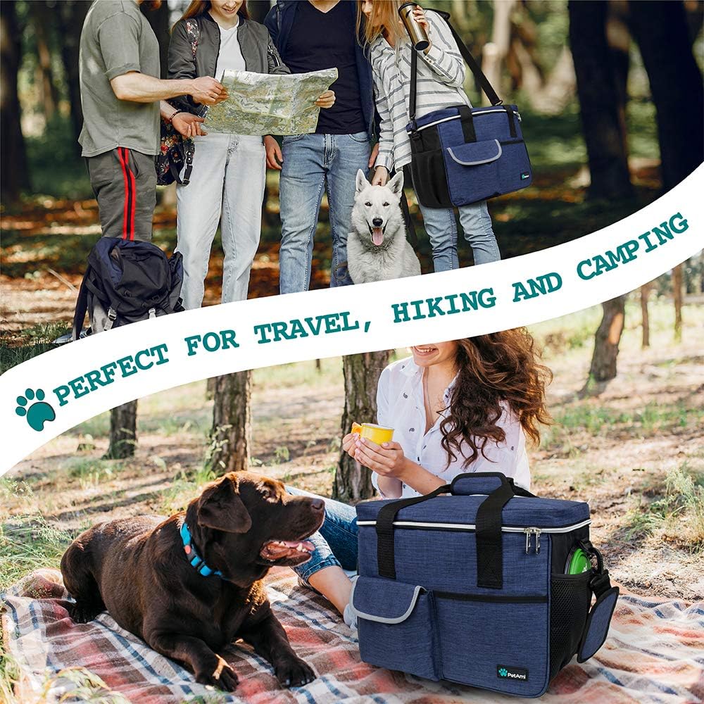 PetAmi Dog Travel Bag - Travel Pet Organizer with Food Container and Bowls, Perfect for Weekend Camping, Navy, Large
