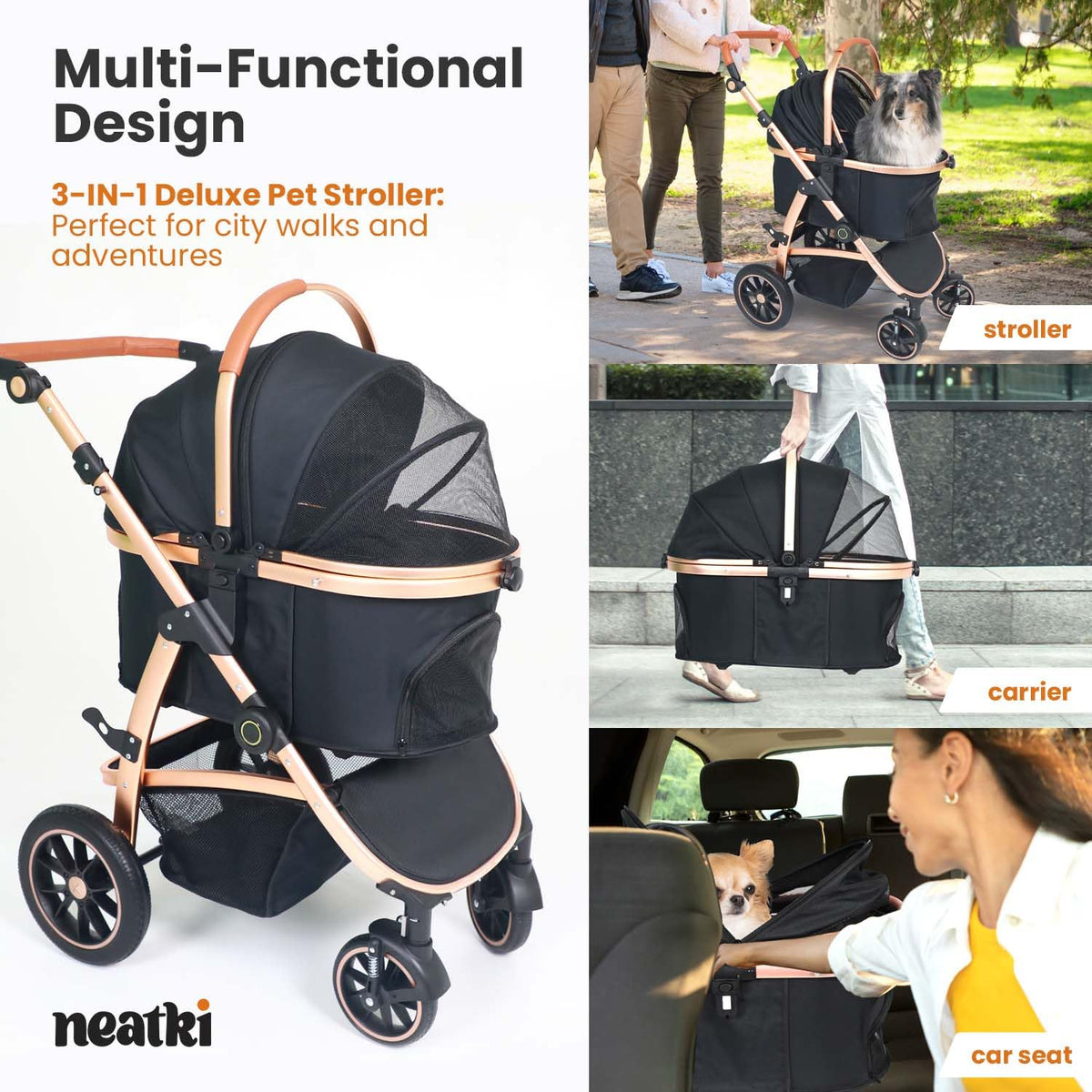 3 in 1 Pet Stroller - Stroller for Small to Medium Dogs and Cats up to 55 lbs, with Detachable Carrier/Car Seat, Foldable and Lightweight, Detachable Cushion + Cup Holder (Black/Gold)