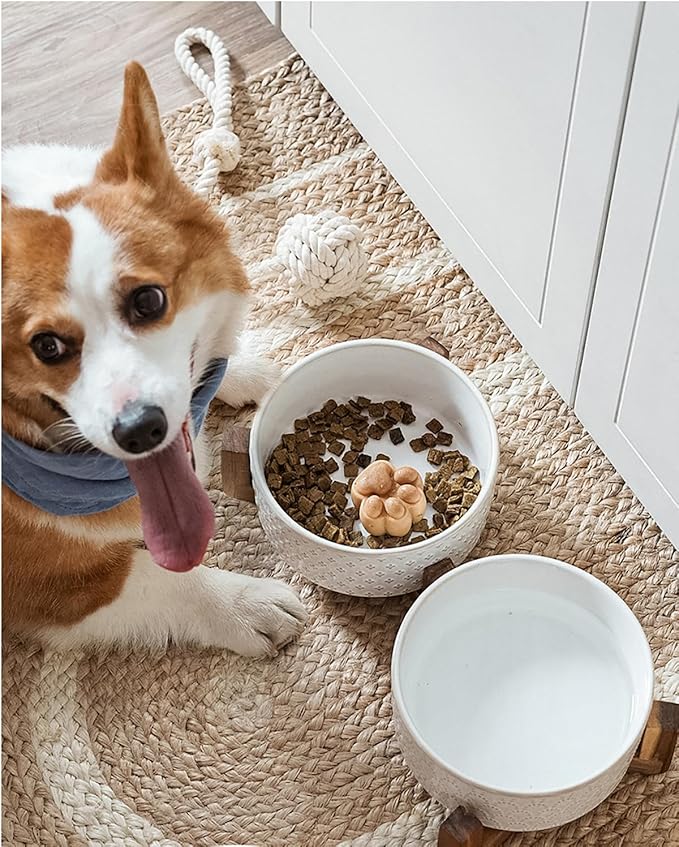 LE TAUCI Ceramic Dog Bowls with Acacia Wood Stand - 7 Inch Food & Water Set for Medium-Large Dogs - Weighted Pet Bowls