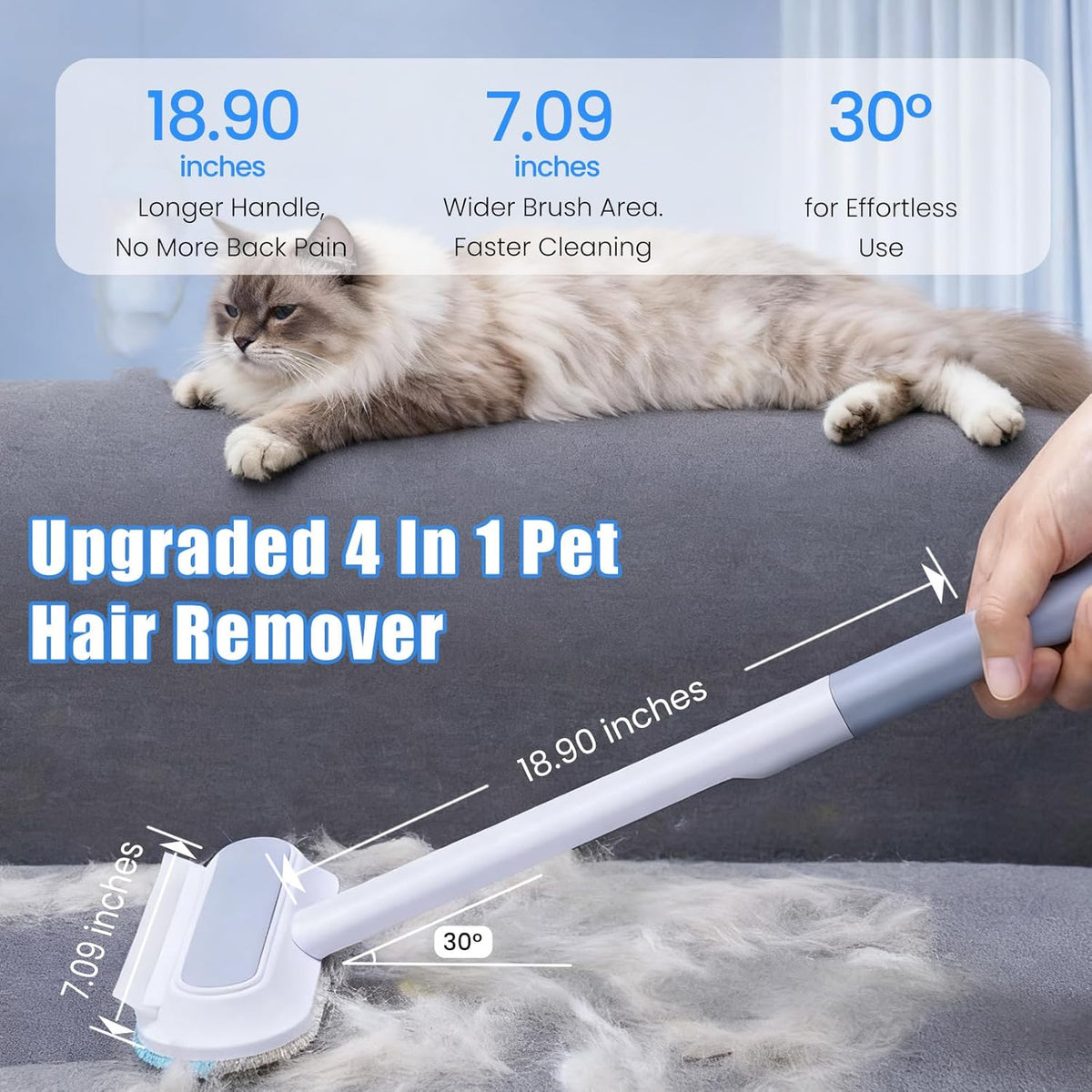 Pet Hair Removal Tool, Multifunctional Reusable Pet Hair Remover Brush for Lint, Cat & Dog Hair Remover for Couch Furniture Car Bed Window Clothes, Washable 4 in 1 Brush with Long Handle & 2 Scrapers