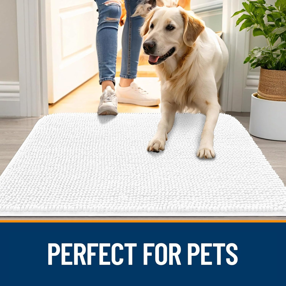 OLANLY Dog Door Mat for Muddy Paws 48x30, Absorbs Moisture and Dirt, Absorbent Non-Slip Washable Doormat, Quick Dry Chenille Mud Mat for Dogs, Entry Indoor Entryway Carpet for Inside Floor, White
