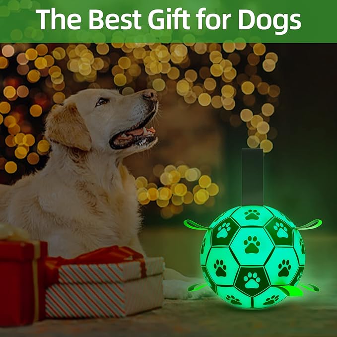 QDAN Glow in The Dark Dog Toys Soccer Ball with Straps, Outdoor Interactive Dog Toys Puppy Birthday Gifts, Dog Tug Water Toy, Light Up Dog Balls for Small & Medium Dogs（6 Inch Size 2）