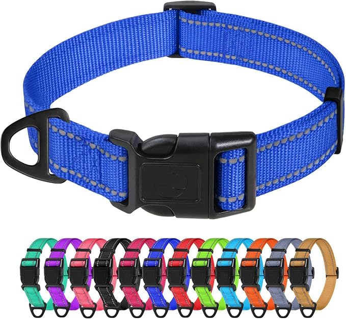 TagME Reflective Nylon Dog Collars, Adjustable Classic Pet Collar with Quick Release Buckle for Large Dogs, Royal Blue, 1.0" Width