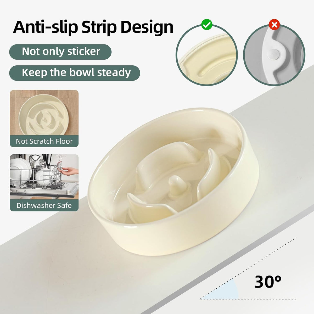 6.1inch Dog Bowl Slow Feeder Ceramic for Small Dog, Pet Slow Feeder, Stop Bloat, Preventing Choking(Single Bowl-Beige)