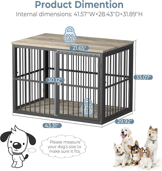 Lyromix 43'' Dog Crate Furniture with 3 Doors, XL Wooden Crate End Table, Heavy Duty Indoor Puppy Cage Kennel for Medium to Large Dogs, Multiple Units Can be Combined