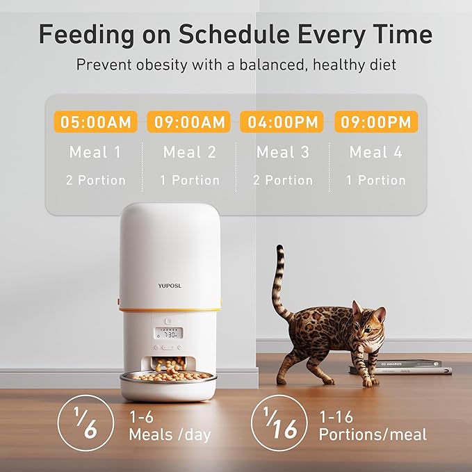 Automatic Cat Feeder - 4L Timed Auto Pet Feeder for Cat and Dog with Dry Food Dispenser, 180-day Battery Life, 1-6 Meals Per Day, 1-16 Portion, Desiccant Bag Keeps Food Fresh
