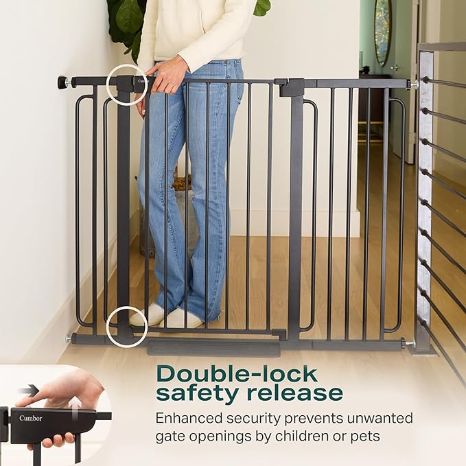 Cumbor 36" Extra Tall Baby Gate for Stairs, 29.7-57" Extra Wide Dog Gate for Doorways Hallways, Pressure Mounted Child Gate for Wide Opening, Auto Close Personal Safety for Babies and Pets, Black