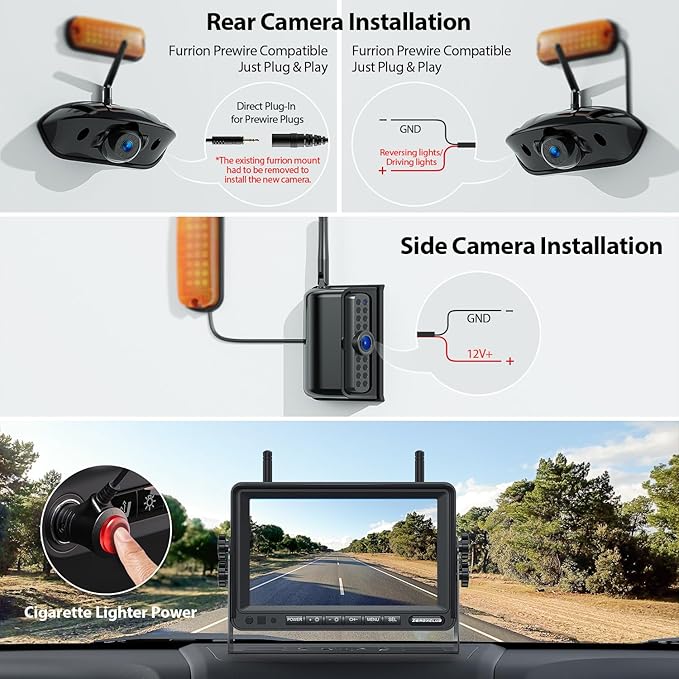 3-Camera Wireless RV Backup Camera System with 7-Inch Monitor, 1 Rear Sharkfin, 2 Side Cameras, DVR Monitor & IR Night Vision, IP69K Waterproof, Compatible with Furrion Pre-Wired RV Trailer