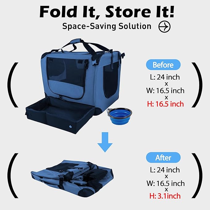 Large Cat Carrier 24"x16.5"x16.5" Soft-Sided Portable Pet Crate for Car Traveling with Collapsible Litter Box and Bowl