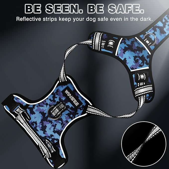 WINSEE Dog Harness No Pull, Pet Harnesses with Dog Collar, Adjustable Reflective Oxford Outdoor Vest, Front/Back Leash Clips for Small, Medium, Large, Extra Large Dogs, Easy Control Handle for Walking