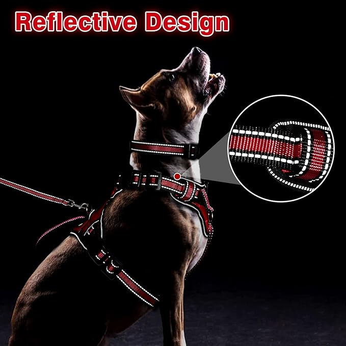 WINSEE Pet Harness Collar and Leash Set, All-in-one Reflective Dog Harness No Pull with Adjustable Buckles for Puppies, Small, Medium, Large, and Extra-Large Dogs (Medium, Red)
