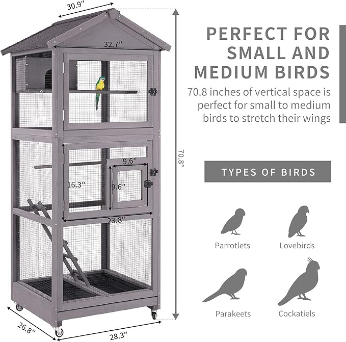Aivituvin Outdoor Bird Cage Large Wooden Bird Aviary with Perch for Parakeet,Macaw and Any Small Birds,Wire Netting Above The Tray,Prevent Escape
