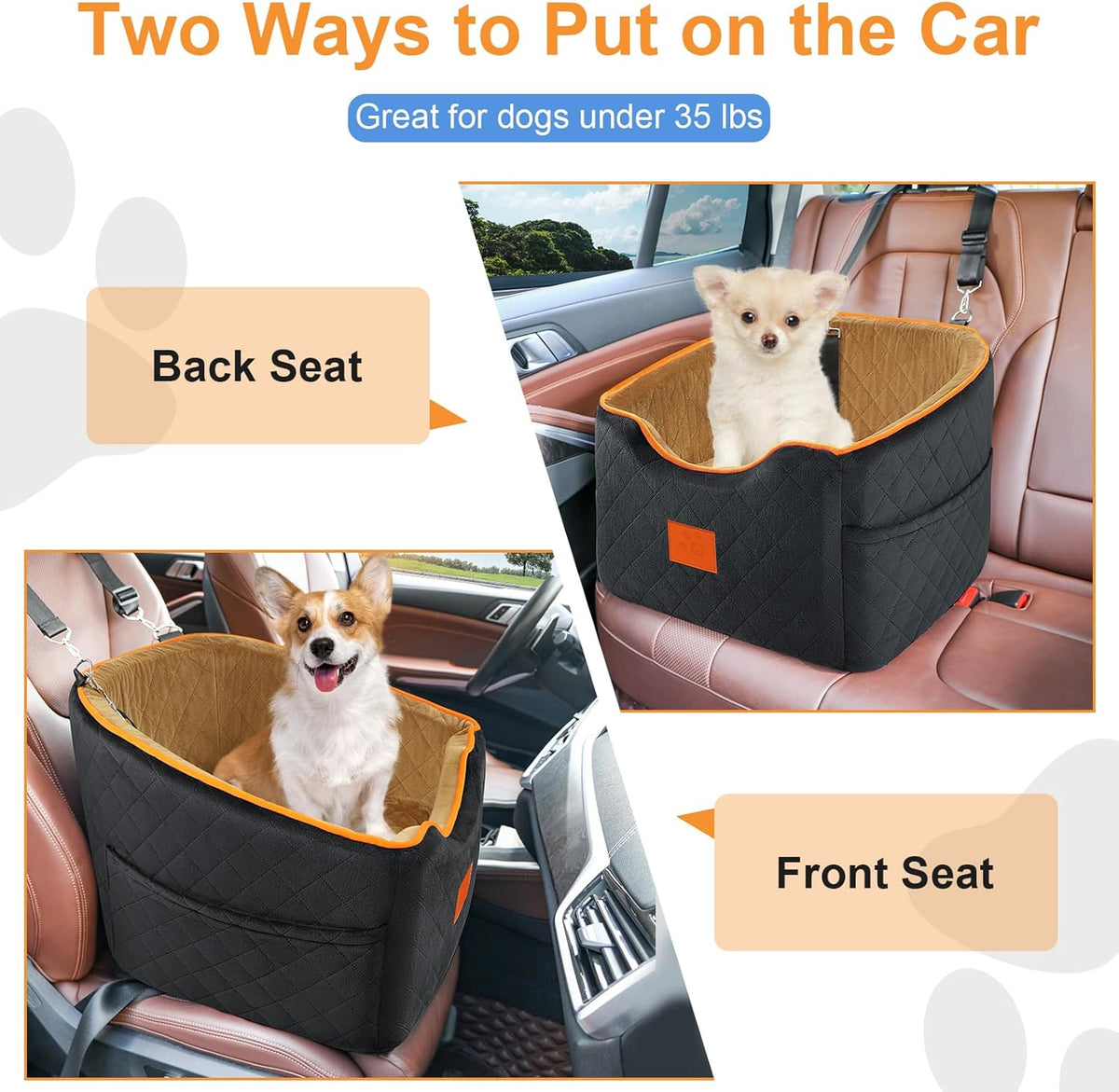 Dog Car Seat for Small Dogs, Memory Foam Booster Dog Seat for Dogs up to 35 lbs, Elevated Pet Car Seat with Washable Removable Cover, Storage Pockets