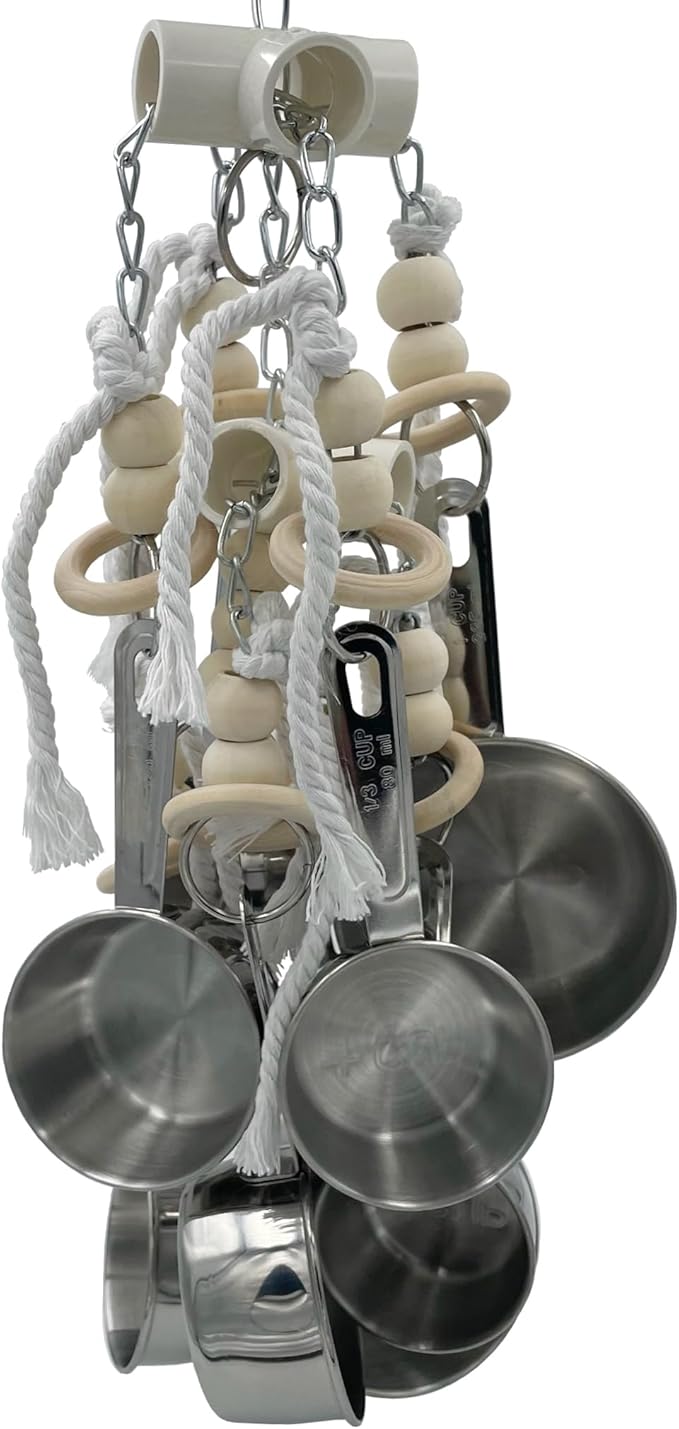 Durable Stainless Steel Pots & Wooden Beads Parrot Toys - Pullable 8 Metallic Cups & 8 Natural Dye-Free Rings for Large & Extra Large Parrots Macaws Amazons African Greys Cockatoos Eclectus