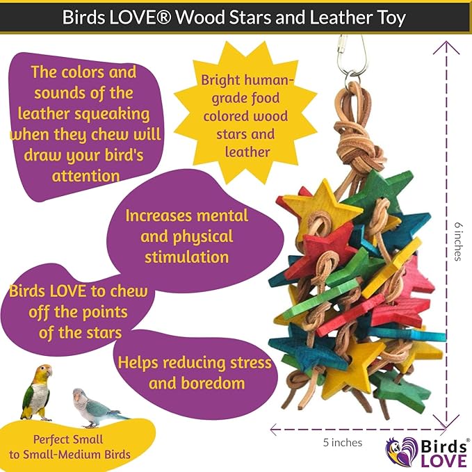 Birds LOVE Wood Stars & Leather Toy for Bird Cage Stand or Playgym, Bird Toys for Small to Medium Parrots, Sun Conures, Green Cheeked Conures, Quakers, Parakeets, Caiques, Cockatiels, African Senegals