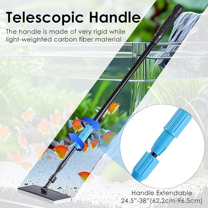 AquaMiracle 6 in 1 Aquarium Cleaning Tool Kit Fish Tank Cleaning Kit for 20-160 Gallon Tank with Telescopic Long Handle, Algae Scraper, Scrubber Pads, Tube Cleaner, Fish net, Gravel Rake