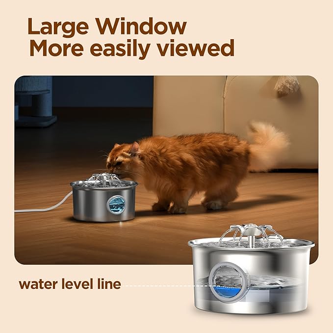 Cat Water Fountain Stainless Steel: 88oz/2.6L Pet Drinking Fountains with 6 Filters Water Bowl for Cats Inside with Flower Kitty Spout Dog Dispenser Animal Watering Supplies - Water Level Window
