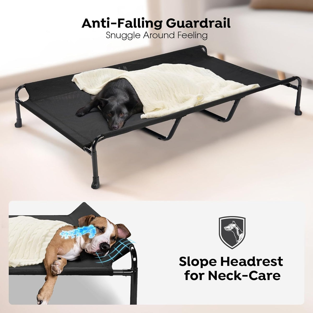 Veehoo Cooling Elevated Dog Bed, 59" x 37" Raised Dog Beds for Large Dogs, Outdoor Dog Bed with Guardrail, Upgraded Non-Slip Feet, Breathable Teslin Mesh, Portable Camping Dog Cot, Black