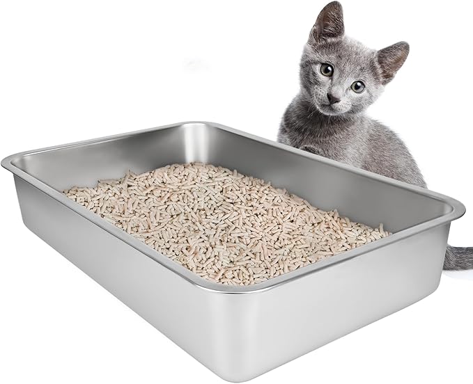 IKITCHEN Stainless Steel Cat Litter Box, Large Metal Litter Box for Cats, Never Absorbs Odors,Stain Free, Rustproof, Non Stick Smooth Surface, Anti-Slip Rubber Bottom, 19.5" L x 13.5" W x 4" H