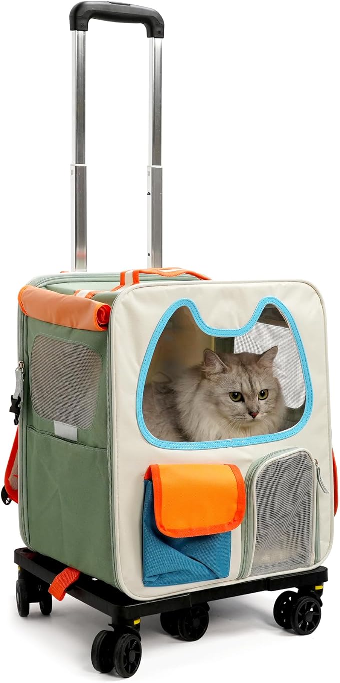 Cat Carrier with Wheels Airline Approved,Removable Pet Carrier Outdoor on Wheels Portable Cat Carrier Bag for Puppy and Kitten Travell Moving or Going Out