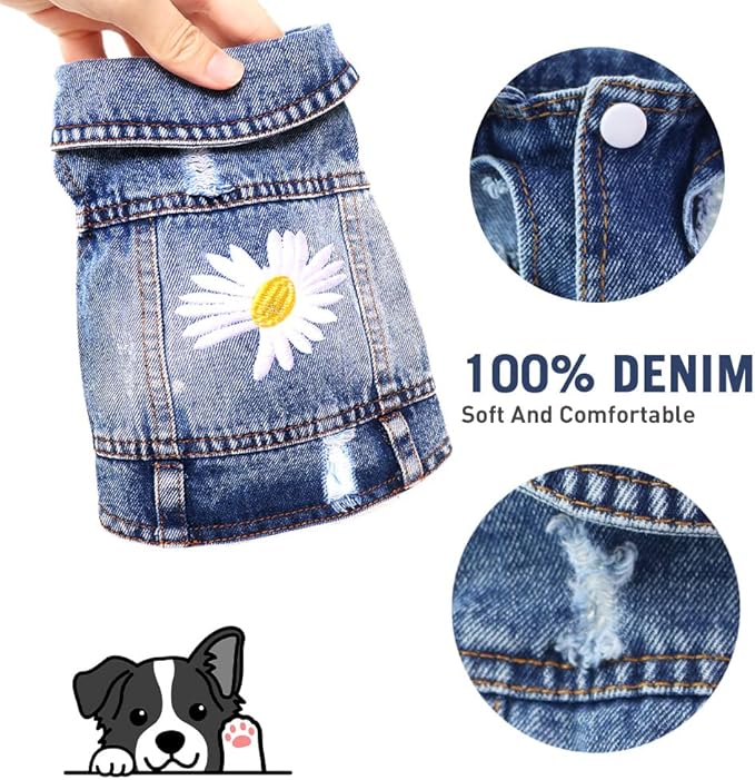 Dog Denim Jacket with Embroidered Daisy, Ripped Vintage Jean Vest for Small Dogs, Pugs, Chihuahuas, Spring Summer Autumn Festival Outfit