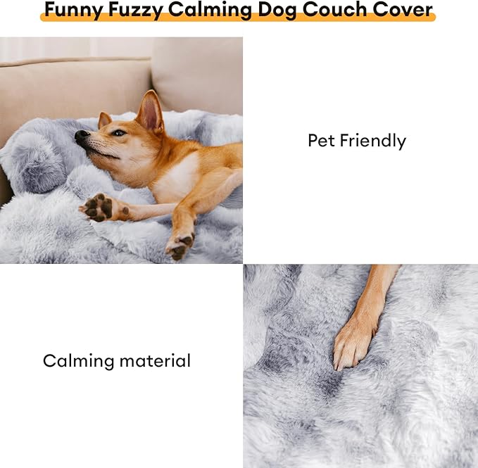 FUNNY FUZZY Pet Fluffy Fuzzy Couch Cover, Calming Washable Dog Bed Sofa Protector Pets Mat for Small Medium Dogs and Cats (Tie-dye Grey,33.45 × 28.35 × 5.51 in)