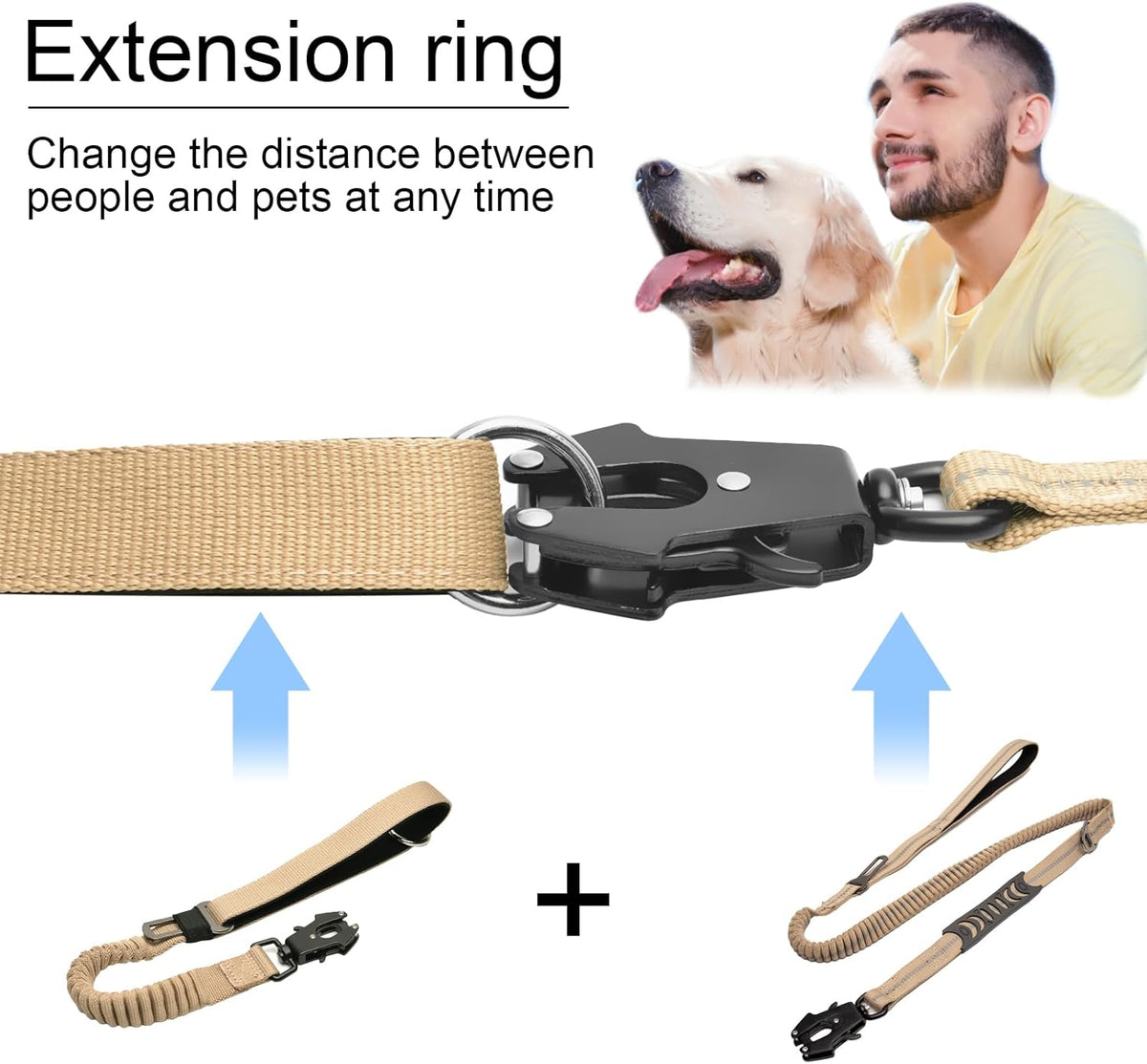 20” Strong Short Leash for Dog, Heavy Duty Bungee Dogs Leash with Padded Handle Car Seatbelt, Small Dog Training Leashs for Large or Medium Dogs - Can be Used with Other leashes (Khaki)