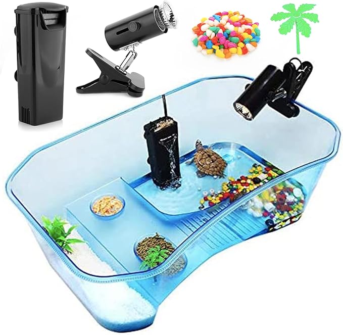 Geegoods Turtle Tank Aquarium,Reptile Tank Aquarium with Filter and Platform Plants for Pet Turtles Reptile Habitat