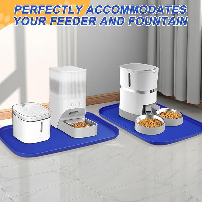 Silicone Pet Feeding Mat with Raised Edge for Food and Water, Dog Bowl Mats, Cat Bowls Placemat with High Lip for Floor Waterproof, Rubber Tray for Cats and Dogs 22 x 14 x0.8 Navy Blue