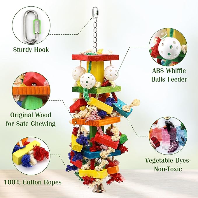 Bird Toys for Parrots, Parakeet Toys Natural Woode Parrot Toy for Large Medium Parrots Bird Shredding Chew Toy for Macaw, Cockatoos, Cockatiels,Budgie