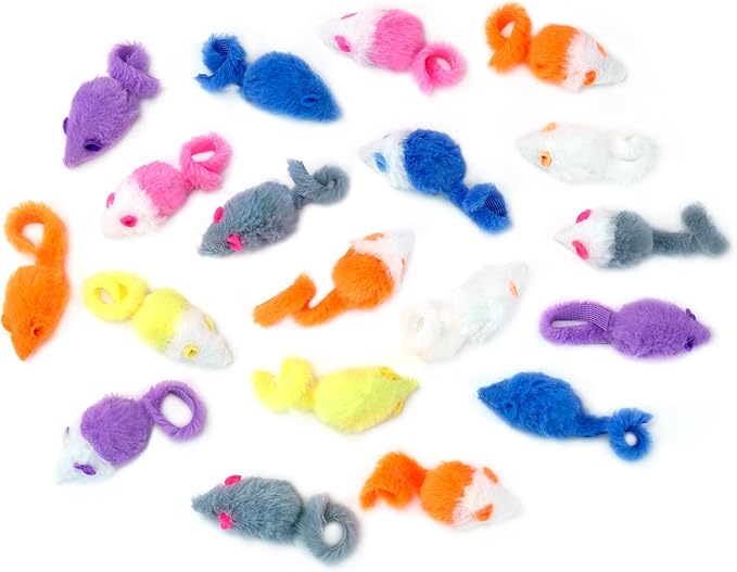 CHIWAVA 36PCS 1.8" Candy Color Furry Mice Cat Toy Rattle Mouse Kitten Interactive Toy Assorted Color