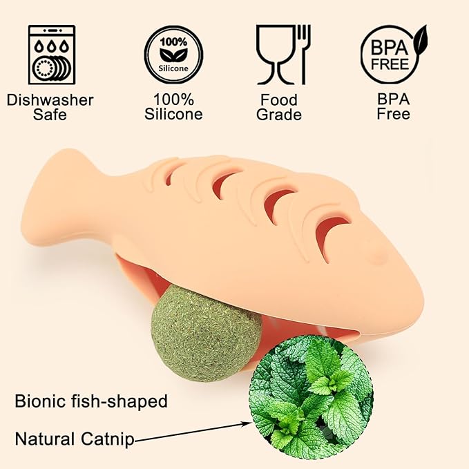 Cat Toys for Indoor Cats, Fish Shape Chew Catnip Toys for Teeth Clean, Food Grade Silicone Cat Enrichment Toy, Interactive Kitten Teething Toys with 1 Cat Nip Ball, Orange, 2 Pcs