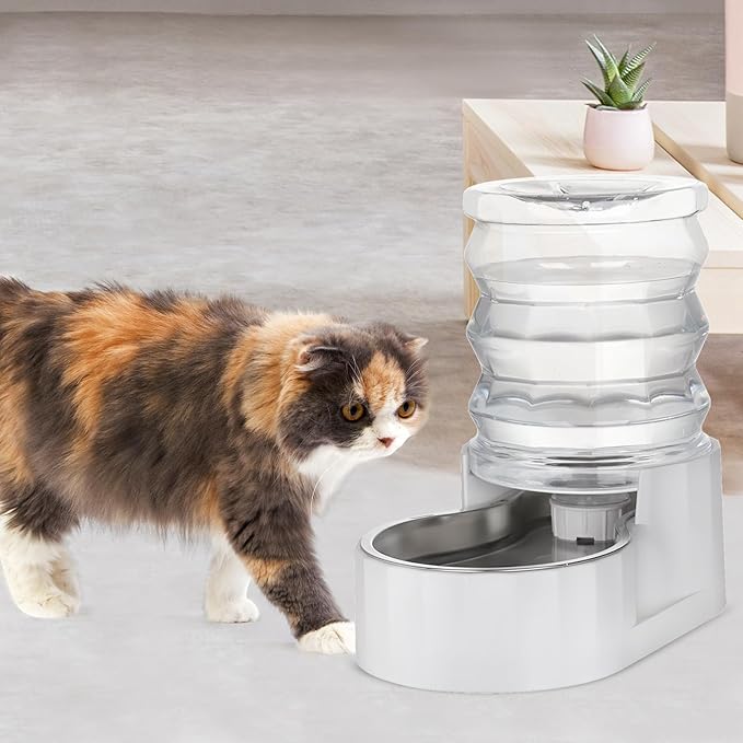 RIZZARI Gravity Water Bowl Dispenser: 4L Automatic Stainless Steel Water Feeder Without Filter - White Pet Waterer for Senior Dogs with Spine Problems - in Bedroom Garden