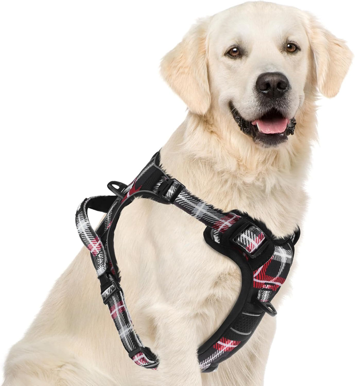 PUPTECK No Pull Dog Harness for Large, Adjustable Reflective Dog Harness with Handle Easy Control, Comfortable Soft Padded Pet Vest Harness for Large Dogs, Plaid Black XL