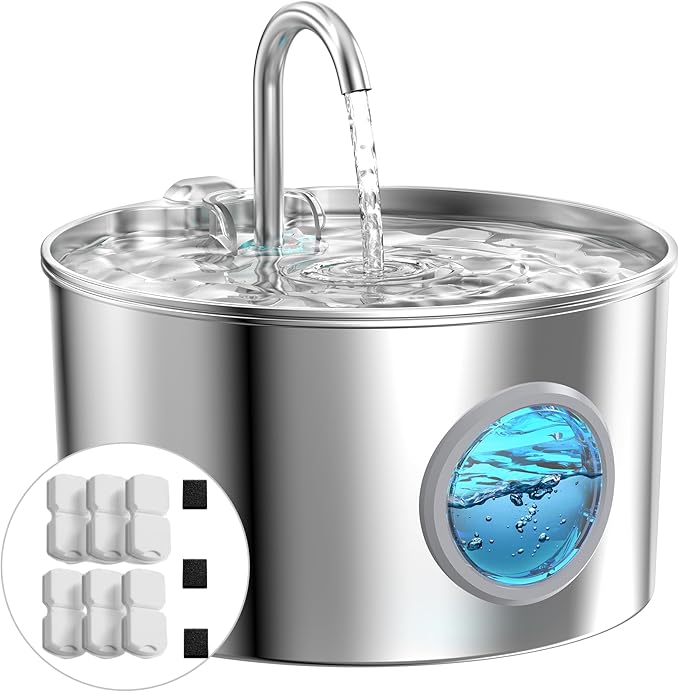 Cat Water Fountain Stainless Steel: Cat Fountain for Drinking - Pet Water Fountain for Cats Inside - 74oz/2.2L Quiet Cats Water Bowl Dispenser - Kitten Drinking Fountains - 6 Filters + 3 Sponges