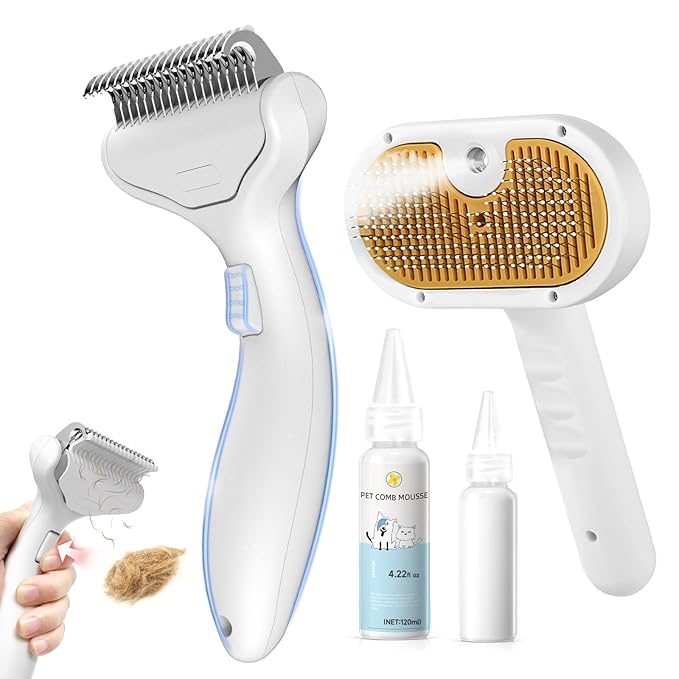 Undercoat Shedding Brush for Dogs & Cats – Professional Deshedding & Dematting Tool –Steam Brush for Cat & Dog Includes Waterless Shampoo