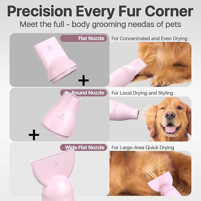 Dog Blow Dryer for Pet Grooming Handheld Lightweight Dog Cat Hair Dryer 3 Speeds 4 Temp, Portable 3HP High Velocity Pet Blower Quiet Dryer for Travel Campaign Home, with 3 Nozzles, Pink