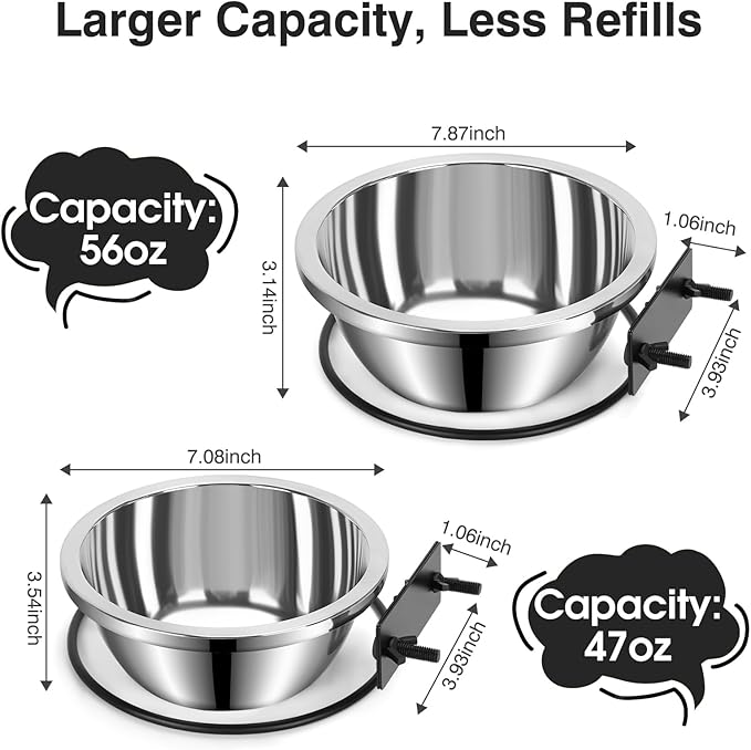 Dog Crate Bowls Hanging No Spill, 2 Pack 47oz & 56oz Crate Water Bowl Stainless Steel Kennel Food Bowl Water Dispenser Set Mountable Cage Accessories Metal Feeder Dish Coop Cup for Large & Medium Pet